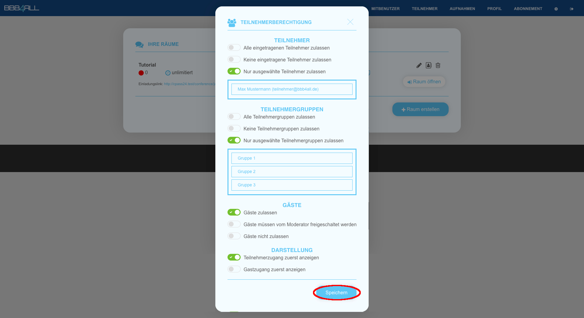 Schritt 9 - Vergeben Sie die Teilnehmerberechtigung für den Schulungsraum